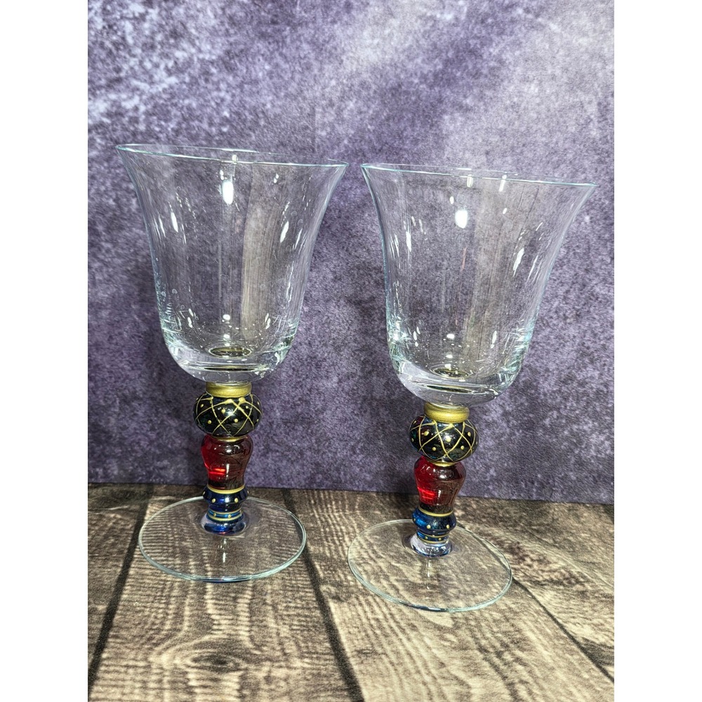 Artistic Hand Painted Wine Glasses Set of 2 Decorative Beaded Stems
